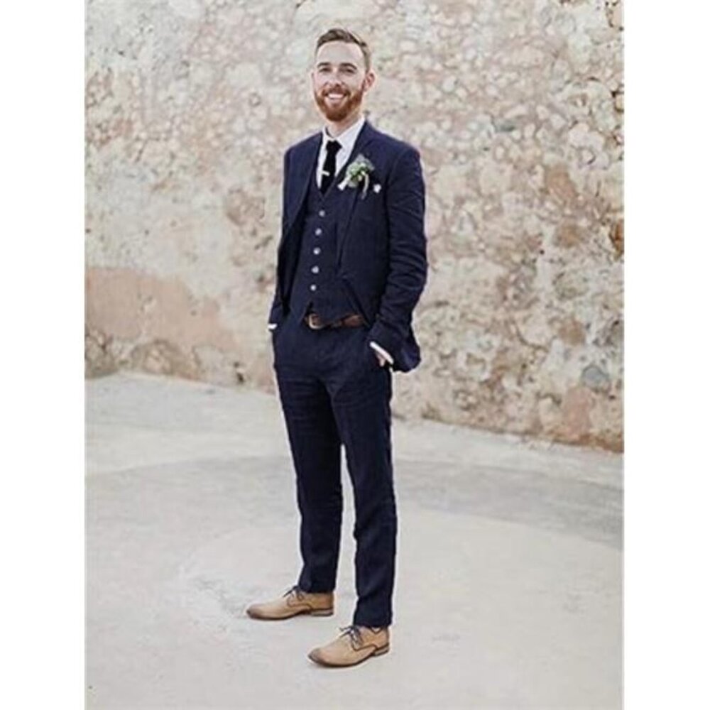 Men's 3 Piece Linen Suit Blazer Vest Pants Set Tuxedo Slim Fit Navy Blue M